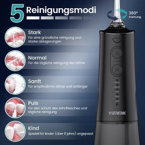 Irigator bucal Vimmk, 300 ml, 5 moduri, 8 accesorii, IPX7, Negru - Img 3
