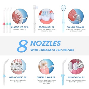 Irigator oral TUREWELL, Curatator interdental electric cu 10 niveluri de presiune si 8 duze, Irigator oral impermeabil IPX7, ata dentara de apa de 600 ML pentru casa (alb) - Img 3