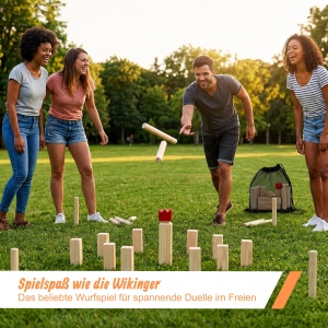 Joc de exterior Kubb Relaxdays din lemn de pin, 2-12 jucatori, cu 30 cm regele rosu - Img 2