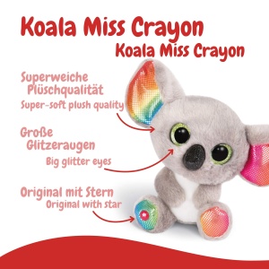 Jucarie de plus NICI Koala Miss Crayon 15 cm gri cu accente curcubeu ochi stralucitori - Img 3