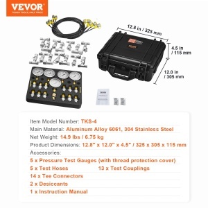 Kit Testare Presiune Hidraulica VEVOR TKS-4 5 Manometre 13 Cuplaje 14 Conectori T 5 Furtunuri Cutie Transport - Img 7