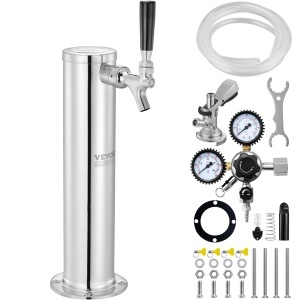 Kit turn Kegerator VEVOR, kit de conversie a berii cu un singur robinet, sistem de robinet turn de bere din otel inoxidabil cu regulator W21.8 cu ecartament dublu si cuplaj de butoi cu sistem A, tava de scurgere a berii pentru petreceri acasa