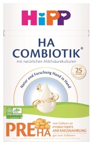 Laptele praf HiPP PRE HA Combiotik 4 x 600g pentru bebelusi cu sistem imunitar sensibil