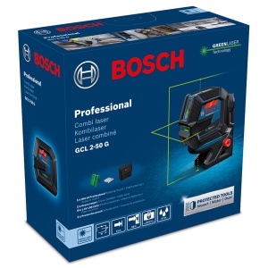 Laser cu linii incrucisate Bosch Professional GCL 2-50 G (laser verde, zona interioara, suport RM 10, raza de lucru vizibila: pana la 15 m, 4x baterie AA, in cutie de carton) - Img 2