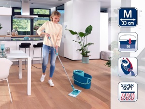 Leifheit Set CLEAN Twist M Flat Mop Ergo 2.0, mop de podea cu capac supersoft pentru curatarea umeda pe parchet, laminat si lemn natural, mop cu sistem de clic, mop cu tehnologie centrifuga - Img 2