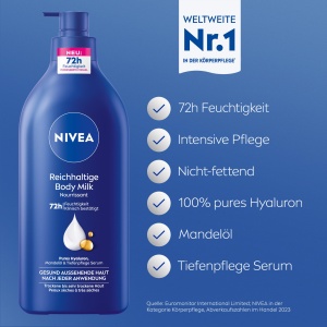 Lotiune hidratanta NIVEA Reichhaltige Body Milk, 625 ml, cu Hyaluron si Ulei de Migdale - Img 2