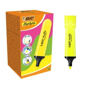 Marker plat BIC Marking Flat Highlighter, 12 bucati, neongalbeni, varf modular