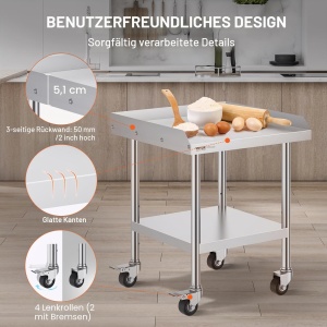Masa de lucru din inox VEVOR SKT610, 61x61 cm, cu 4 roti, design ergonomic - Img 4