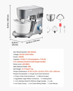 Masina de inghetata VEVOR SM-1503HL, 1.7 L, 1400 W, motor silentios, gri - Img 7