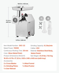 Masina de tocat carne VEVOR, 1100W, 4.2 kgmin, inox - Img 7