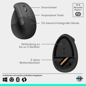 Maus ergonomic vertical Logitech Lift, pentru maini mici si medii, wireless, 4000 DPI - Img 8