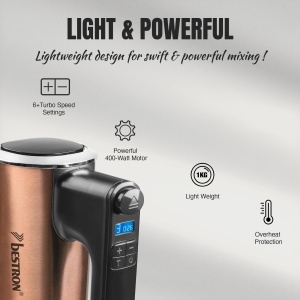 Mixer de mana Bestron Power, mixer de mana puternic cu 6 niveluri, functie Turbo si afisaj LCD, mixer incl. 2 teluri si 2 carlige pentru aluat, usor de 1 kg, culoare: cupru - Img 5