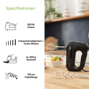 Mixer de mana Braun MultiMix 2 HM2110BK 500W 4 viteze Turbo tehnologie FastMix Negru - Img 3