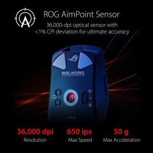 Mouse pentru jocuri ASUS ROG Keris Wireless AimPoint RGB (senzor optic ROG AimPoint, 36.000 DPI, microswitch-uri ROG, RF 2.4 GHz, Bluetooth, USB, butoane programabile 5X, negru) - Img 2