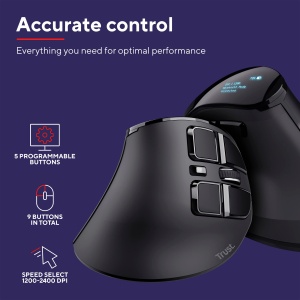 Mouse Wireless Vertical Trust Voxx, Mouse Wireless Ergonomic Reincarcabil, Bluetooth si Conexiune 2.4GHz, 9 Butoane, 1200-2400 DPI, PC/Mac/Computer/Laptop/MacBook/Chromebook - Negru - Img 5