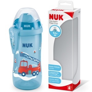 NUK First Choice+ Flexi Cup Sticla de invatare | de la 12 luni | Rezistent la scurgeri cu paie de baut | Clema si capac de protectie | Fara BPA | 300 ml | Masina de pompieri (albastra)
