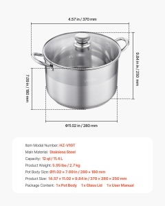 Oala din inox VEVOR 11,4 L cu capac din sticla, potrivita pentru toate tipurile de plite - Img 7