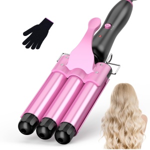 Ondulator cu 3 Tubi pentru Par, Rosa, Temperatura Regla, Incalzire Rapida