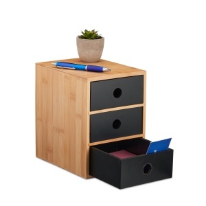 Organizer birou Relaxdays cu 3 sertare, bambus si MDF, 21x15x20 cm, naturalnegru
