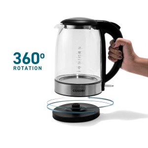 Pahar pentru ceainic COSORI 1,7 litri, LED albastru, fara BPA, 2200 wati, timp de gatit de 5 minute, protectie la supraincalzire, rotativ la 360deg, Ceainic din sticla borosilicata cu baza din otel inoxidabil si filtru - Img 9