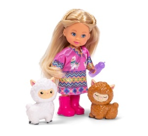 Papusa Evi Love cu Alpakas, 12 cm, costum colorat, set cu 2 figurine
