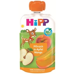 Pasta de fructe HiPP Bio cu piersici, mere si mango, 8 x 100g, fara zahar adaugat
