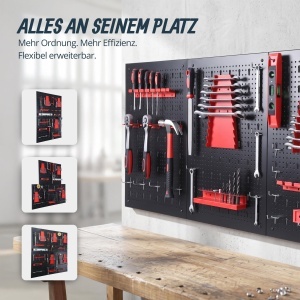 Perete pentru unelte Relaxdays, 4 placi, 39 piese accesorii, 60x40 cm, otel, negrurosu - Img 3