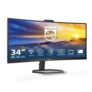 Philips 34E1C5600AM - Monitor curbat WQHD de 34 inch, camera web, reglabil pe inaltime, difuzor (3440x1440, 100Hz, 1x HDMI 2.0, 1x DisplayPort 1.2, USB-C (65W PD), USB Hub) negru - Img 1
