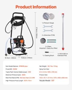 Pistol de vopsit electric VEVOR RP8628 Plus 950W 3000 psi furtun 15m - Img 8