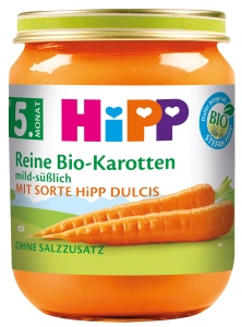 Piure de legume HiPP cu morcovi bio (6 x 125g), fara gluten, fara adaus de sare