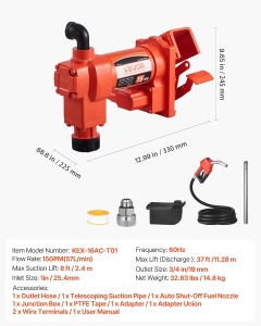 Pompa de transfer combustibil VEVOR KEX-16AC-T02, 57Lmin, 0.5CP, Gusseisen - Img 7