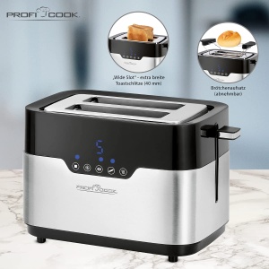 Prajitor de paine ProfiCook PC-TA 1170 cu 2 felii, senzor tactil, atasament pentru role, sertar pentru firimituri, functie de centrare, 7 niveluri de rumenire, otel inoxidabil negru - Img 6