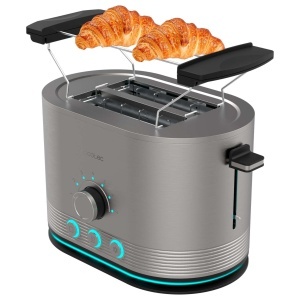 Prajitor de paine vertical din otel inoxidabil Cecotec cu dubluShort Slot Shine&Toast Double. 850W, capacitate pentru 2 felii, fante largi de 3,8 cm, inel usor, 7 niveluri de prajire, bare superioare