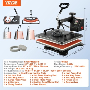 Presa de Transfer VEVOR 38 x 38 cm, 1200 W, Max. 250 C, 8 in 1 - Img 7