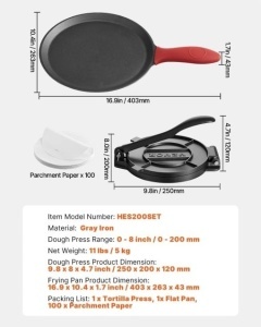 Presa manuala pentru tortilla VEVOR HES200SET 20 cm din fonta cu maner ergonomic si 100 foi pergament - Img 3