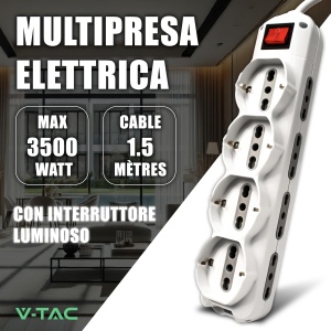 Priza multipla V-TAC cu 8 iesiri si cablu de 1,5 m, 1016 A, culoare alba - Img 2