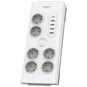 Priza Philips SPN7060WA/10 cu 6 prize Schuko, 4 porturi USB 35 W si 1 Type-C, bloc de alimentare, cablu impletit de 2 metri de inalta rezistenta, blocare de siguranta (indicator LED Prot), alb - Img 2