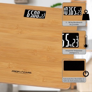 ProfiCare PC-PW 3103 Cantar de baie din bambus real, cantar digital de baie cu afisaj LCD usor de citit, inclusiv afisaj temperatura camerei, interval de masurare a cantarului 5-180 kg, suprafata din lemn - Img 5