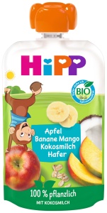 Punga cu piure de fructe HiPP Apfel Banane Mango, 8 x 100g, cu cocos si ovaz