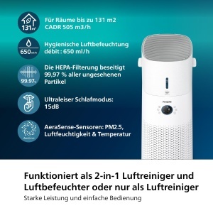 Purificator si umidificator aer Philips Seria 3000 AC373710 131 m2 NanoProtect HEPA Alb - Img 2
