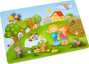 Puzzle din lemn HABA 304430 - Greifpuzzle Obstgarten, 8 piese, cu animale si fructe