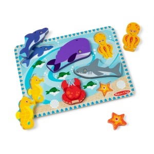 Puzzle din lemn Melissa Doug cu 7 piese, forme de animale marine, pentru copii