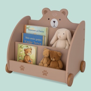 Raft pentru carti copii Relaxdays, motiv urs, 58x60x40 cm, cu roti, MDF - Img 3