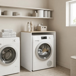 Raft pentru masina de spalat Relaxdays, 88x68x60 cm, albnatur, cu suport pentru detergent - Img 2