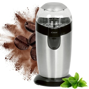 Rasnita electrica de cafea Bomann | Cutit de impact din otel inoxidabil | Capacitate 40 grame | Protectia aromei | Motor de 120 wati | Recipiente pentru fasole din otel inoxidabil | KSW 445 CB inox