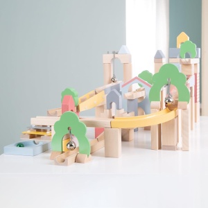Roba Murmelbahn din Lemn - 60 piese, set extensie 20 piese, 11 bile, efecte sonore - Img 6