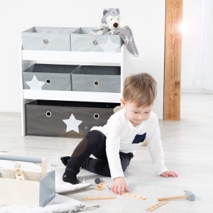 roba Raft de joaca Stars - Raft de jucarii pentru camera copiilor cu 5 cutii din tesatura - cu motiv stea - Raft de depozitare pentru baieti si fete - lemn alb - Img 4