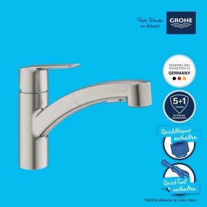 Robinet de bucatarie GROHE QUICKFIX Start - Baterie de chiuveta cu o singura parghie, DN15 (pivotare la 90deg, cu spray de pulverizare extrasa) supersteel, 30531DC1 - Img 4