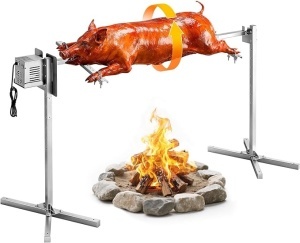 Rotisor Electric Grill BBQ 142 cm (56"), Motor 38W, Capacitate 60 kg, 8 Nivele Înălțime, Oțel Inoxidabil, pentru Porc, Miel, Curcan – Kit Complet cu Trepied și Furci SUS304
