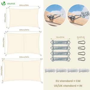 Sacul de Soare VOUNOT Sonnensegel 3x2m, Bej, 100 Poliester, Rezistent la Apa - Img 6